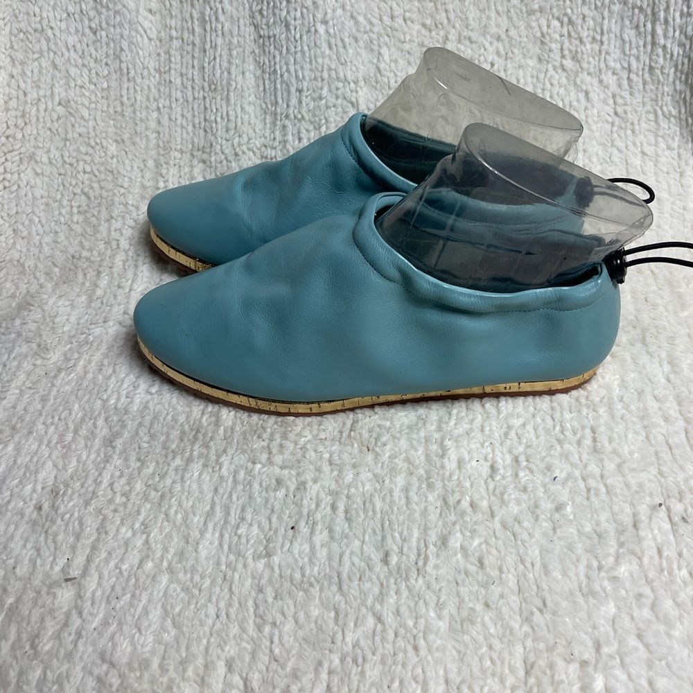 Yevrah leather PALE BLUE Slip On FLATS Made in Brazil Gold trim accents SZ11.5